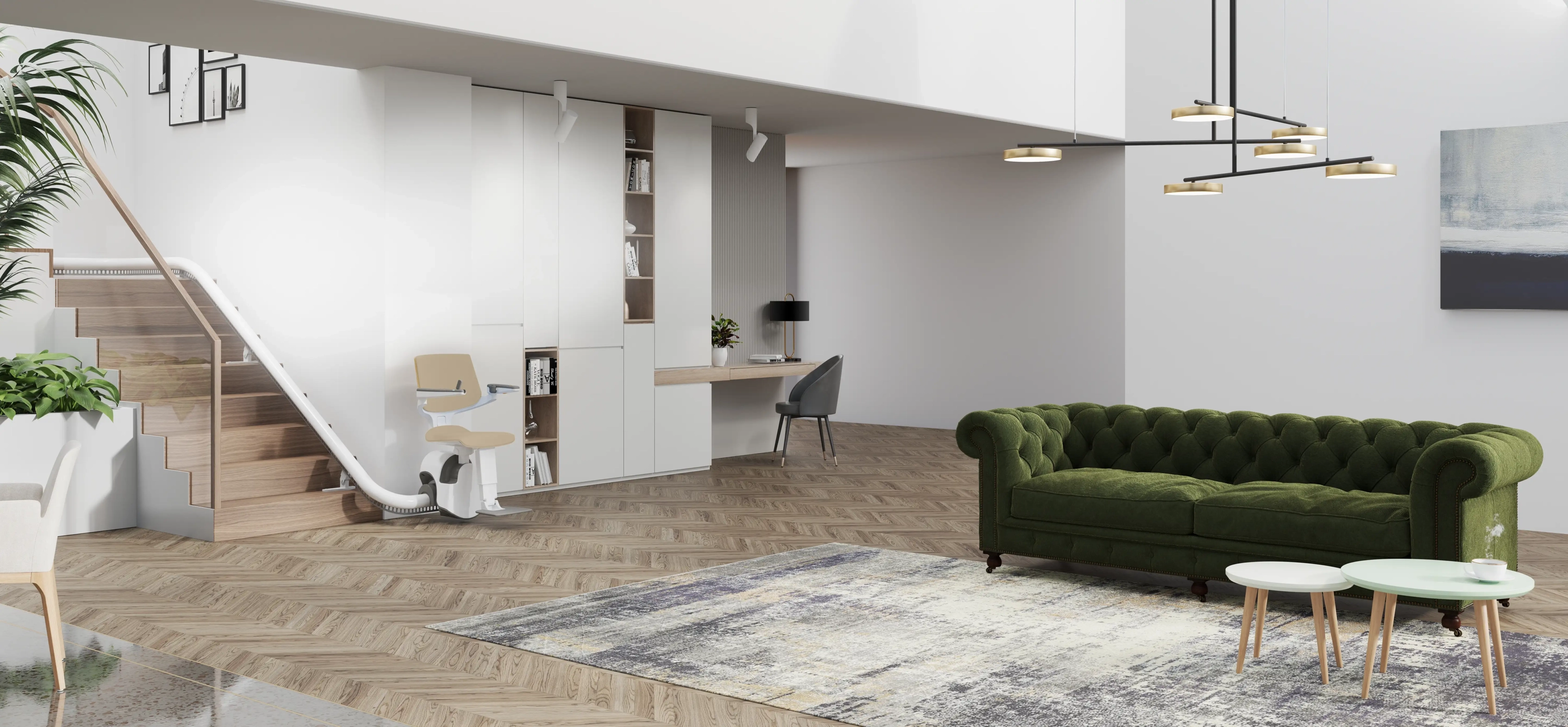 HEADER BILD_modernes-offenes-wohnzimmer-mit eingebautem-treppenlift Bild eines modernen offenen Wohnzimmers mit eingebautem Treppenlift | TK Home Solutions