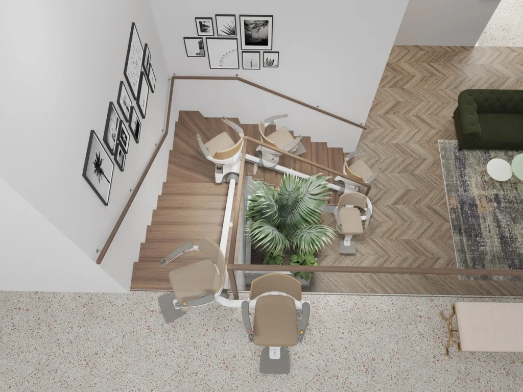 modellbild-uebersicht-der-moeglichen-positionen-eines-treppenlifts Funktionsweise und Bewegungsverlauf des Treppenlifts in Vogelperspektive | TK Home Solutions