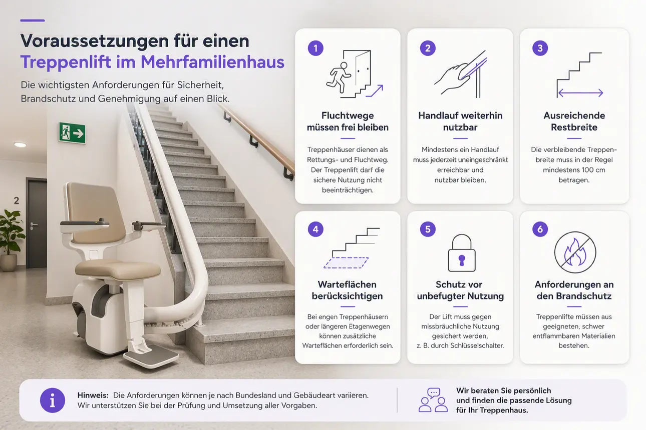 Grafik Lift im Mehrfamilienhaus Eine grafische Übersicht von verschiedenen Faktoren die es beim Einbau eines Lifts im Mehrfamilienhaus zu beachten gibt.